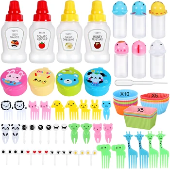 Bento-Lunchbox für Kinder, Zubehör mit Obstgabeln, Essenspicks, Mini-Quetschflaschen, Sojasaucenbehälter