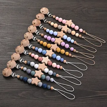 Baby Schnuller Kette Clips Holz Pentagramm Beißring Silikon Runde Perlen Zahnen Kette Für Pflege Schnuller