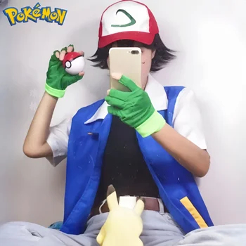 Blaue Jacke, Herren-Cosplay-Kostüm, Ash Ketchum für Halloween-Party, Trainingshandschuhe und Mütze