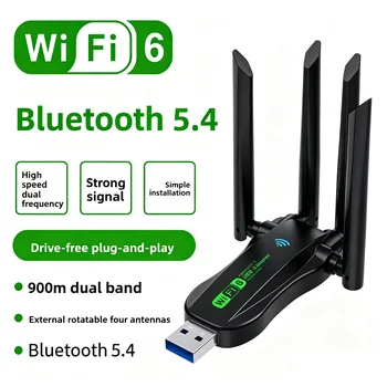 Dual-Band WiFi6 USB-Adapter, AX900 Bluetooth 5.4 900Mbps WLAN-Dongle, Plug & Play 4 Antennen 2,4G/5GHz
