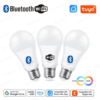 Tuya E27 LED-Lampe, App-Steuerung, Bluetooth/WiFi, LED-Glühbirnen, 15 W, RGB, CW, WW, intelligente Glühbirne
