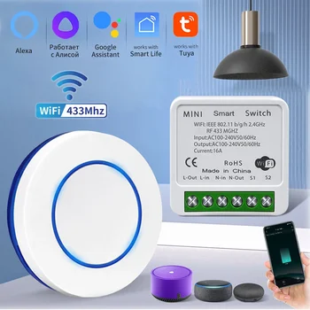 Tuya WiFi Smart Switch 16A RF 433Mhz Drahtlose Fernbedienung Push Button Schalter Sprachsteuerung Mit Alexa