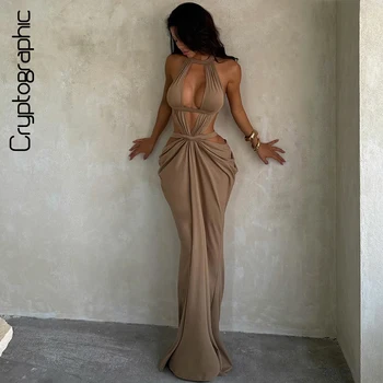 Halter-Ausschnitt, drapiertes, tief ausgeschnittenes, elegantes Party-Maxikleid, taillenlos, rückenfrei