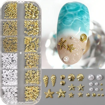 3D Goldene Seestern-Muschel Nagelkunst-Charms Muschel-Metallnieten Perlen Kaviar-Perlen Sommer-Maniküre-Nieten