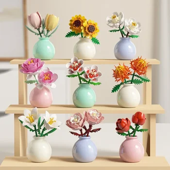 Baustein, Topfpflanze, Blumenstrauß, Rosen, Lilienbausteine, Spielzeug mit Blumentöpfen, süßes