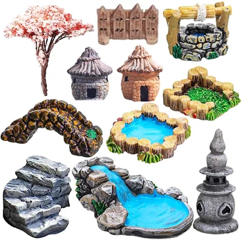 Miniatur Landschaft Fee Garten Zubehör Mini Leuchtturm Wasserbrunnen Brücke Ferienhäuser Ornament DIY Miniatur