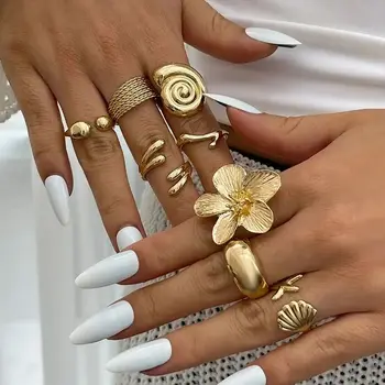 Ingemark 8 Teile/satz Vintage Metall Blütenblatt Blume Wasser Tropfen Offene Ringe für Frauen Trend 2025 Goth