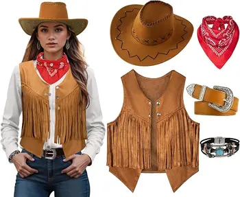 Frauen Männer Cowgirl Kostüm Western Weste Hut Gürtel Bandana Set für Cowboy Quasten Fransen Weste Halloween