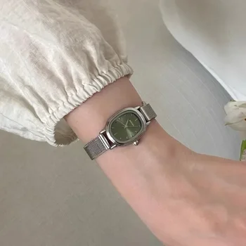 Kleine Oval Zifferblatt Grüne Uhr Einfache Edelstahl Damen Armbanduhren Marke Frauen Luxus Geschenk Quarzuhr
