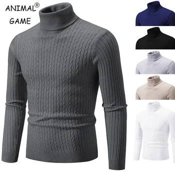 Männer High Neck Pullover Einfarbig Pullover Gestrickte Warme Casual Rollkragen Sweatware Woolen Herren Winter