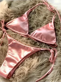 Halter Brasilianische Metallic Satin Bikini Frauen Bademode Weiblichen Badeanzug Zwei-stück Bikini Set High