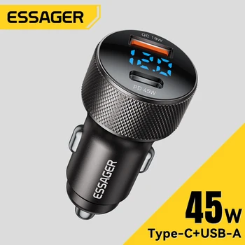Essager USB C Autoladegerät 45 W 2 Ports PD3.0 QC3.0 Digitalanzeige Autotelefon-Ladegerät für iPhone 16 15
