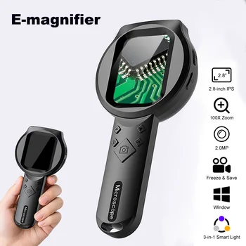 LED-Digitalmikroskop, Lupe, Video, 100-fache Vergrößerung, 2,8-Zoll-IPS-Bildschirm mit Kamera, 2,0 MP