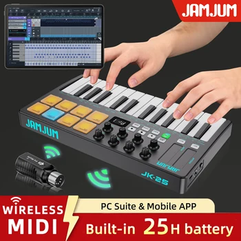 JAMJUM MIDI-Keyboard mit 25 Tasten und Drum-Pad/Drehregler, Kabellose Verbindung, DAW-Steuerung, Kabelloser