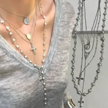 Modische Kreuz-Perlen Vintage-Halskette Mehrschichtige Perlenkette Damen Charm Personalisierte Pullover-Kette