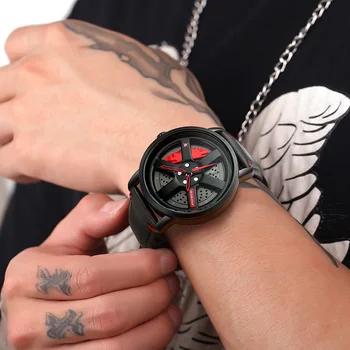 Herrenuhr Sport Personalisiertes Autorad 360 ° Rotierende Lederarmband-Armbanduhren für Herren und modische