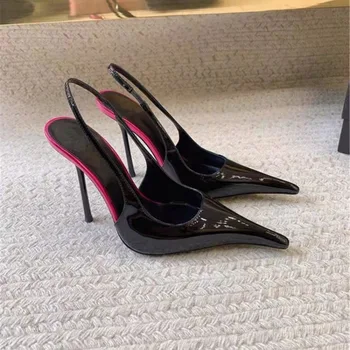 2026 Mode rutschfeste, verschleißfeste High Heels Damen spitze Zehen-Slip-On-Sandalen aus Lackleder