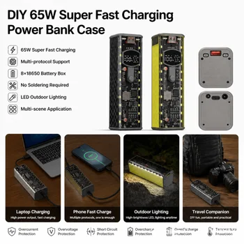 PD 65W/45W/20W Superschnelle Lade-Powerbank DIY-Modul-Gehäuse mit integriertem Ladekabel DIY-Akkubox