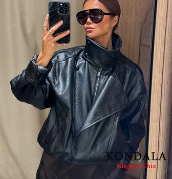 Frauen 2025, Herbst Winter Leder Stehkragen Jacke Faux PU Reißverschluss Pilot Jacke Mantel Lässige Mode