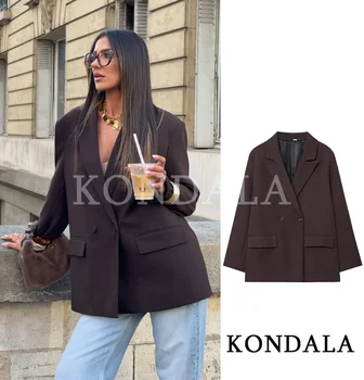 KONDALA Eleganter zweireihiger Damen-Blazer für den Pendelverkehr, Vintage-Blazer mit braunen Knöpfen, 2026