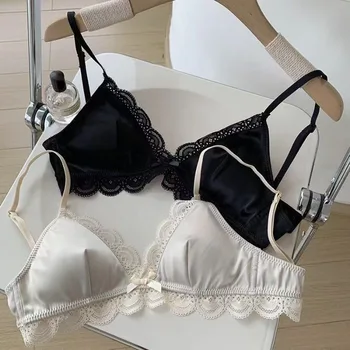 Koreanischer Stil Dreieck-BH mit Schleife und Spitze für Frauen Kleine Brust Satin-Unterwäsche Süßer
