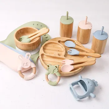 Baby Geschirr Set Fütterung Schüssel Teller Tasse Lätzchen Löffel Gabel Bambus Holz kinder Fütterung Geschirr