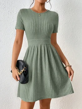 Modisches Lässiges Einfarbiges Geripptes Taille-Kleid mit A-Linie, Bequeme Elegante Damenkleidung