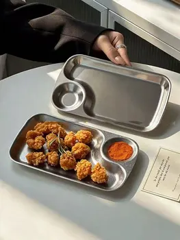 Rechteckige Snackplatte aus Edelstahl im koreanischen Stil mit Öl- und Essigschale, Dumpling-Platte