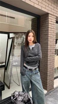 Damen-T-Shirt, gefälschtes zweiteiliges Langarm-T-Shirt für Herbst und Winter, schmale Passform