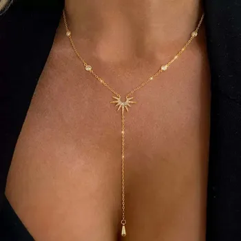 Halskette mit Y-förmigem Anhänger aus Edelstahl für Damen und Mädchen, elegante Mode, Zirkonia, lange Quaste
