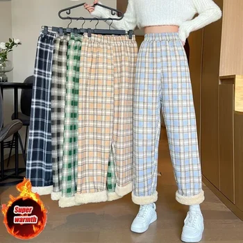 Mode Warme Plüsch Hosen Kaschmir Dicken Plaid Damen Winter Beiläufige Lose breitbeinig Hosen Koreanische