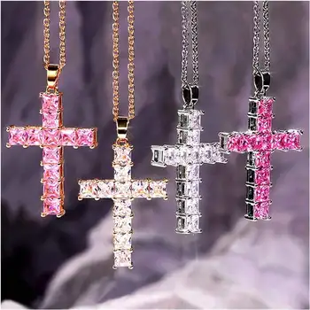 Mode Halsketten Weibliche Anhänger Gold Multi Farbe Kristall Jesus Kreuz Anhänger Für Frauen Halskette Party