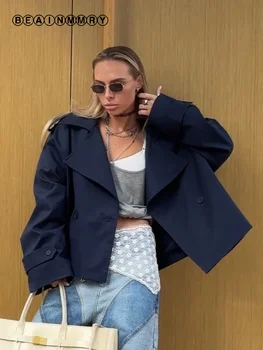 Dame Einfarbig Spitze Up Jacke Elegante Chic Lange Ärmeln Revers Taste Lose Mantel Herbst Street Style Neue