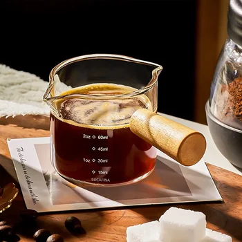 Glas Messbecher Holz Griff Glas Espresso Messbecher Doppel Einzigen Mund Milch Kaffee Klar Becher Kaffee