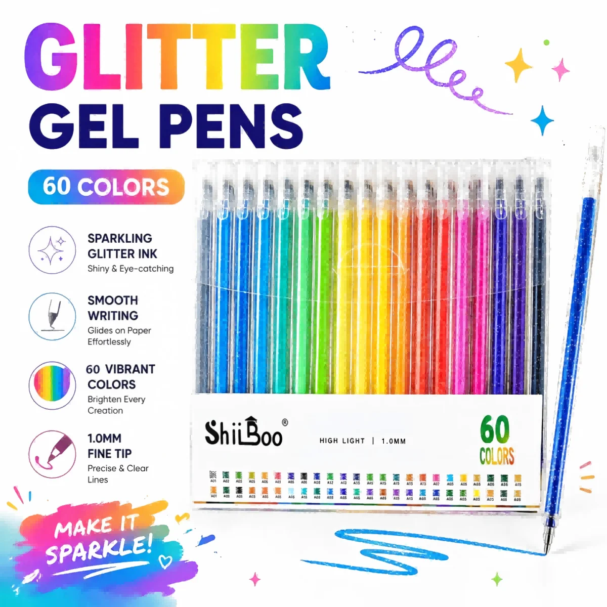 60 Farben Glitzer-Gelstift, 1,0 mm, Metall, Glitzerfarbe