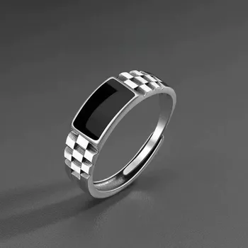 Vintage Faux Onyx Ringe für Männer Temperament Edelstahl Einstellbare Offenen Ring Silber Farbe Mode Punk