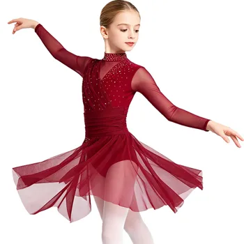 Kinder Mädchen Gymnastik Eiskunstlauf Ballett Lyrical Dance Kostüm Kleid Side Split Sheer Mesh Geraffte