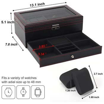 Uhrenbox, Herren-Schmuckschatulle mit 6-fachem Uhrengehäuse und 3-fachem Sonnenbrillen-Organizer, 2-lagiger