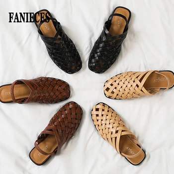 Handgefertigte gewebte Mules, flache Sandalen für Damen, Sommer, lässig, große Größen, römisches Schuhwerk