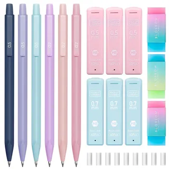 Niedliches Druckbleistift-Set, 6 Pastell-Druckbleistifte 0,5 0,7 mm, 120 HB-Minen, 3 Radiergummis, 9