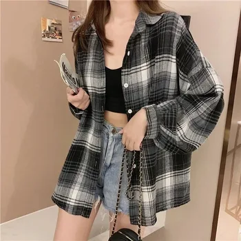 Kariertes Hemd Frauen Mode Herbst Langarm Top Weibliche Vintage Einreiher Bluse Damen Adrette Lose Überprüfen