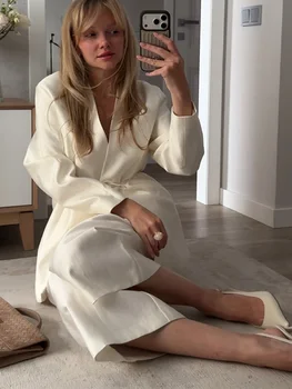 Einfarbiges Schnür-Mantel-Set mit Langer Hose für Damen V-Ausschnitt Langarm-Jacke Hochgeschnittene Gerade