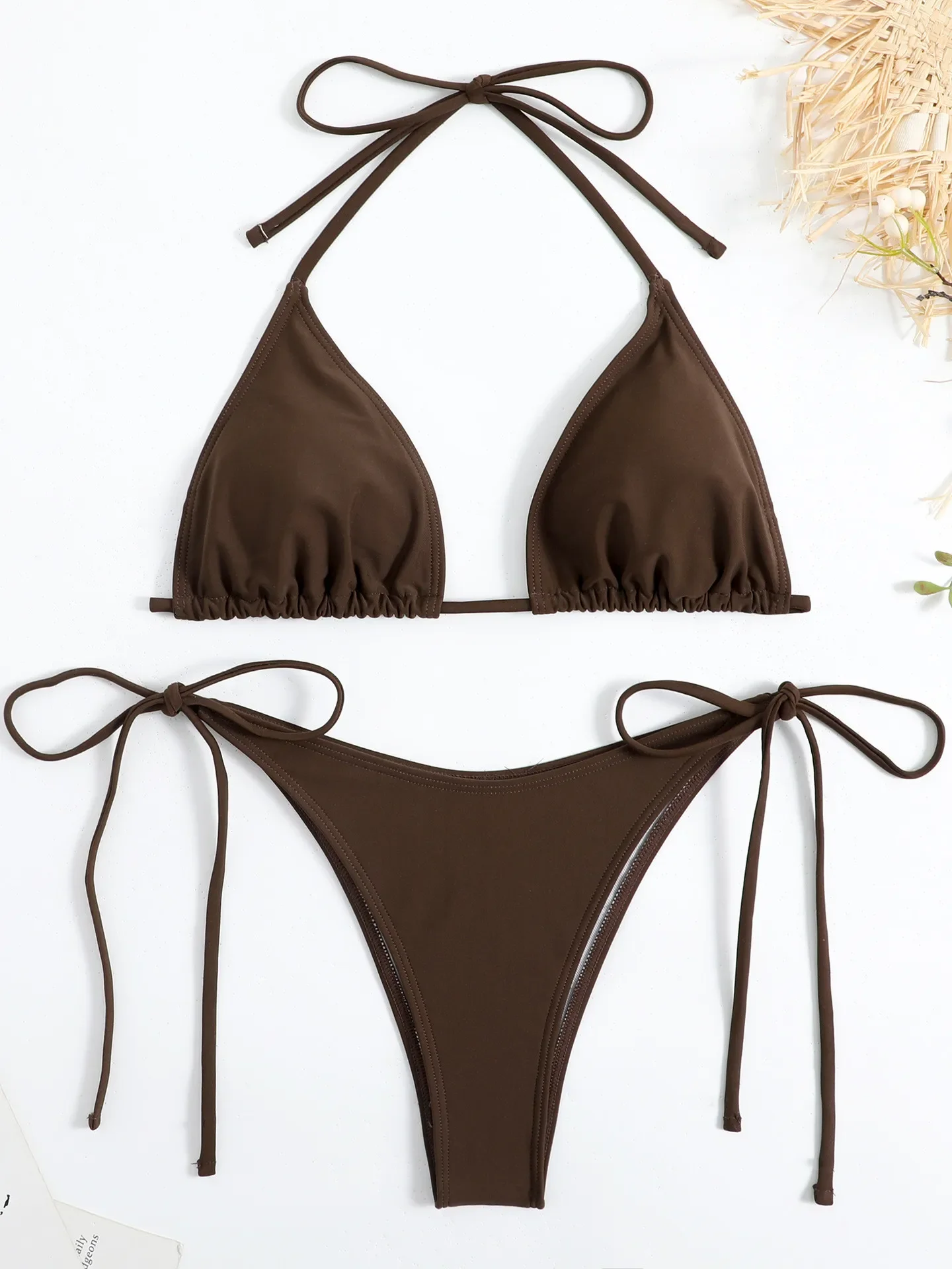 Sexy Brauner Bikini 2026 Damen Einfarbiger Roter Neckholder