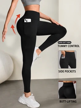 Superweiche Damen-Leggings mit Taschen, hoch taillierte Bauchkontrolle für Yoga, Workout