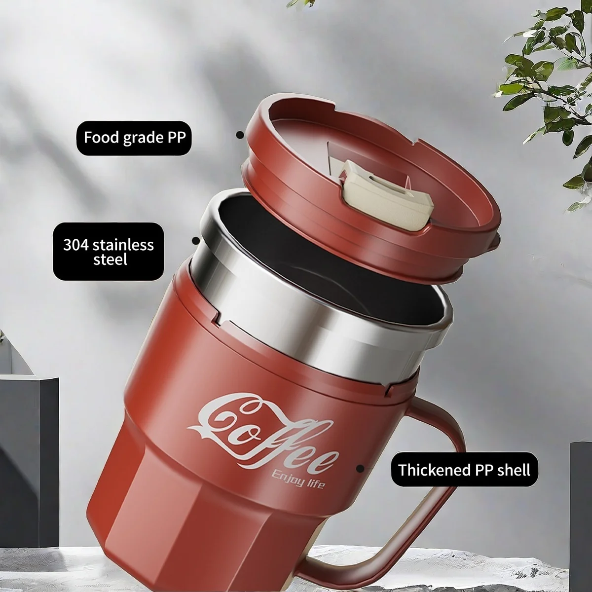 WORTHBUY Kaffeetasse mit Deckel und Griff, 304 Edelstahl – Bild 5
