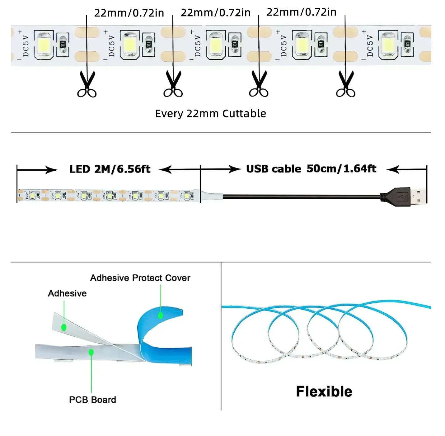 DC 5 V USB-LED-Streifen 2835, weiß, warmweiß, LED-Streifen – Bild 2