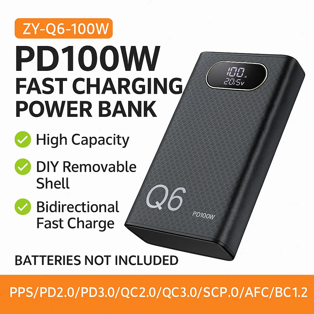 Powerbank-Bausatz 100 W PD für 6× 21700 Akkus, ohne Löten