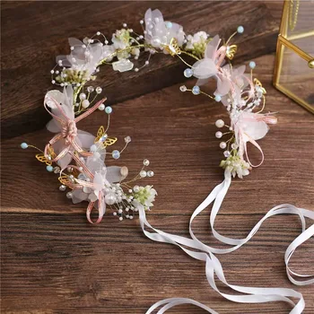 Hochzeitsaccessoire Braut Krone Haar Kristall Schmuck Tiara mit Perlen Blumen Hochzeitskrone Blumenperle Braut