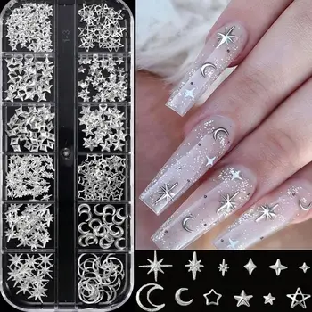 12 Gitter 3D Silber Herz Schleife Schmetterling Nagelcharms Y2K Metallische Stern Mond Nagelnieten DIY