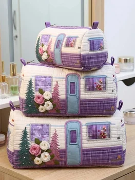 Gesteppte Kosmetiktasche in 3 Größen, 3D-gedruckt, niedliches Tier- und Blumenmuster, Patchwork-Make-up